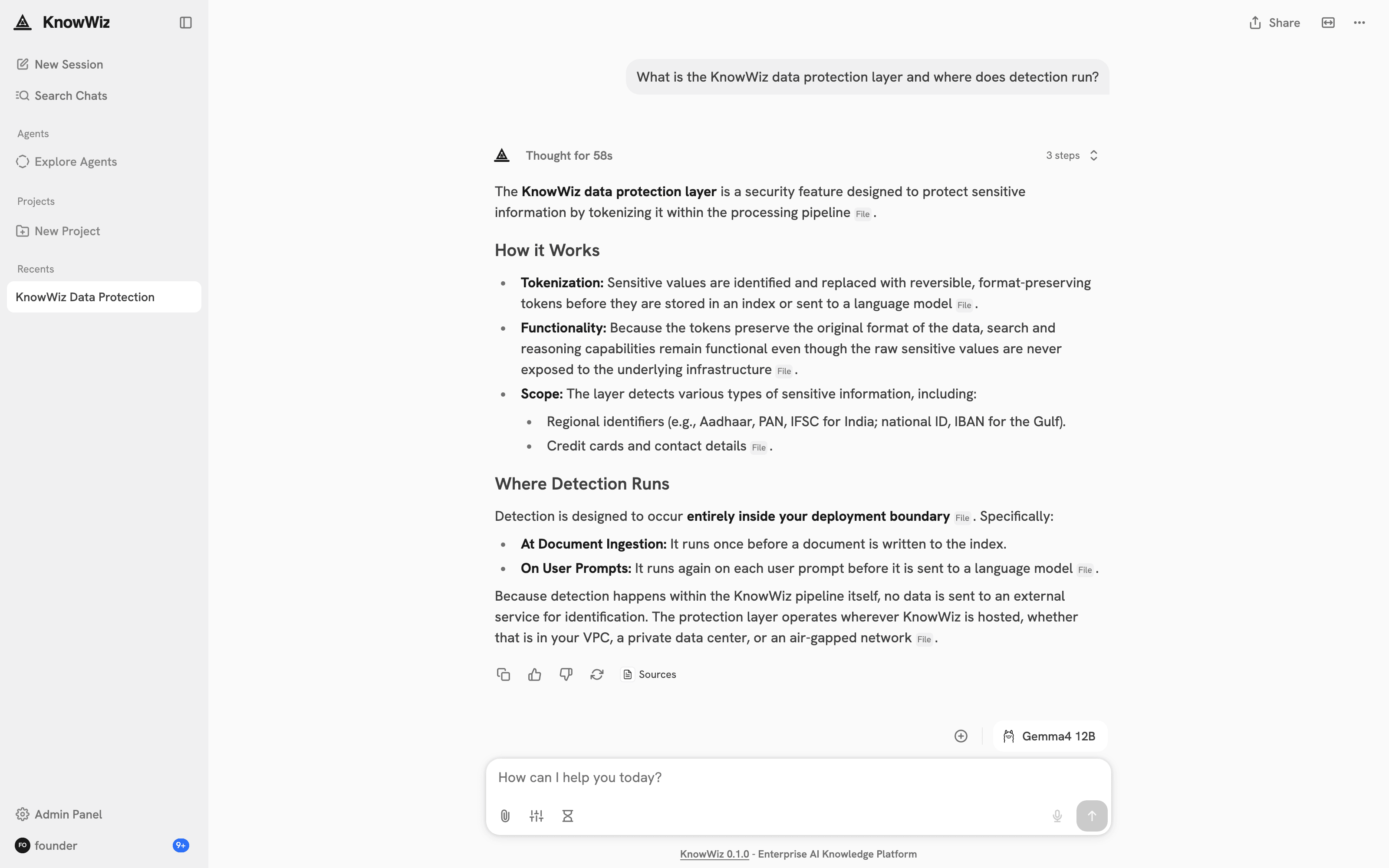 KnowWiz answering a question with inline source citations