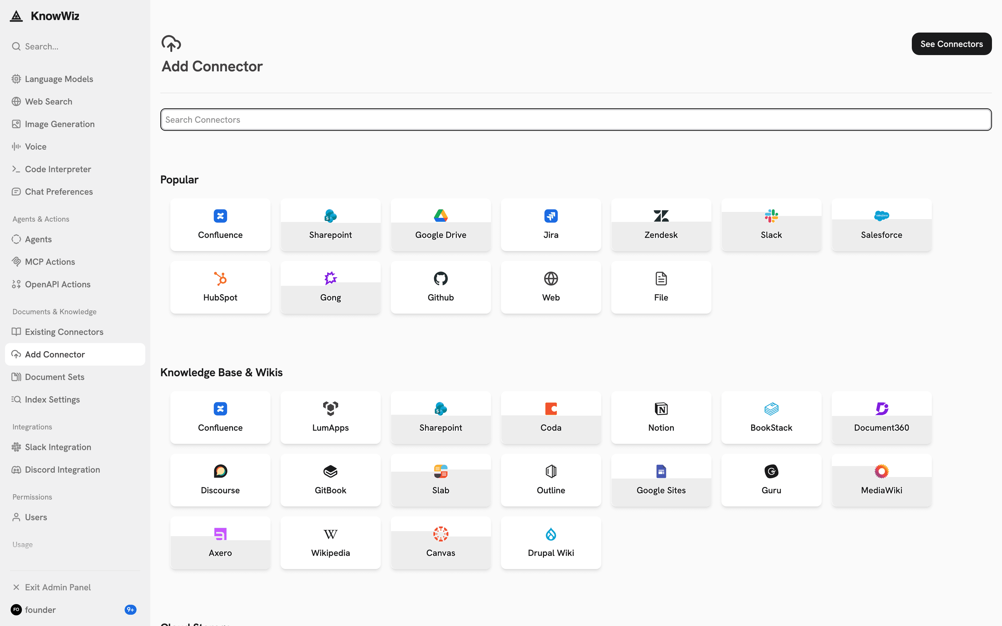 The KnowWiz connectors admin screen