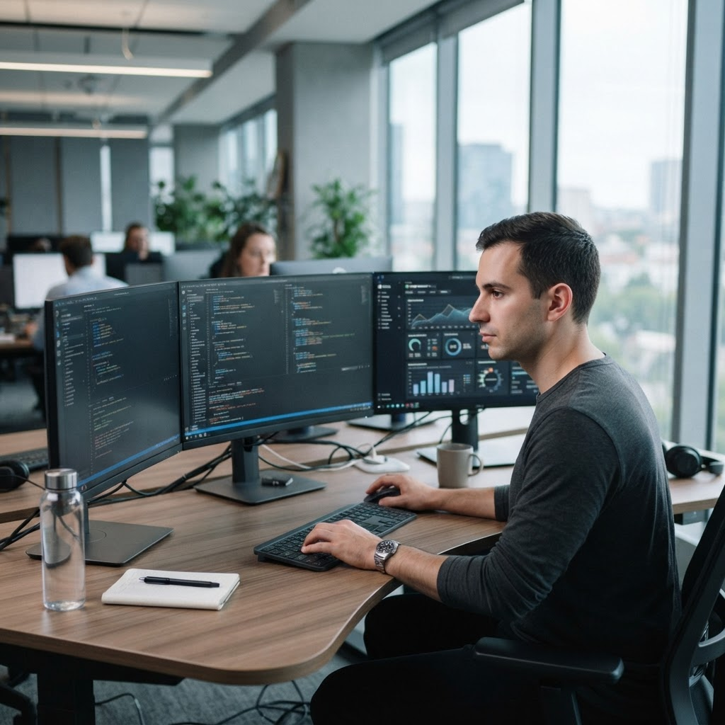 Engineer configuring the Knowledge Wizards platform on multiple monitors